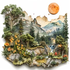 Bring your brand to life with a captivating eco-art scene! Request a die-cut edited image with a tilted angle view, showcasing nature-inspired elements in a dynamic and artistic way Inspire your audie