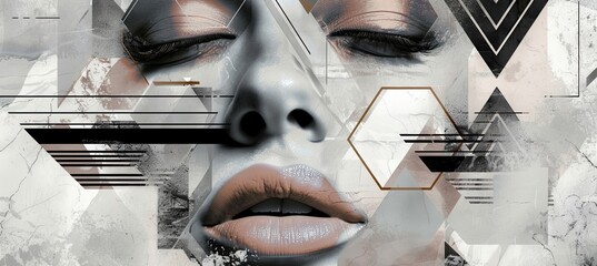 Abstract Portrait of a Gorgeous Woman with Juicy Lips. Background of Hexagons in Pastel Beige, Black, and White.