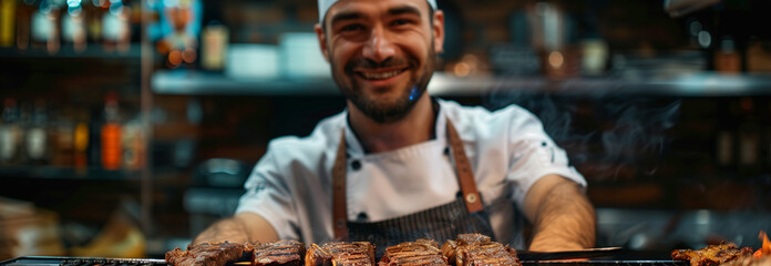 Selective focus of Caucasian male chef grilling steak on the grill at the bar in the restaurant. - obrazy, fototapety, plakaty