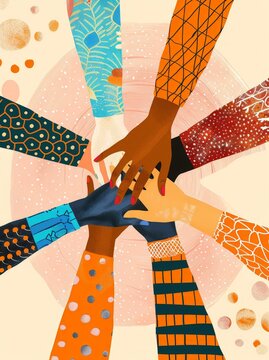 A diverse group of individuals standing in a circle, with their hands placed in the center, demonstrating unity and collaboration