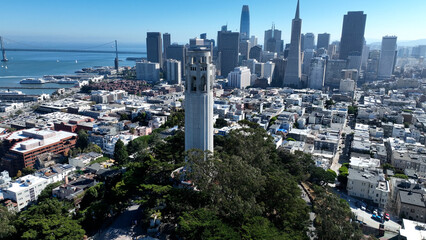 Coit Tower At San Francisco In California United States. Downtown City Skyline. Transportation...