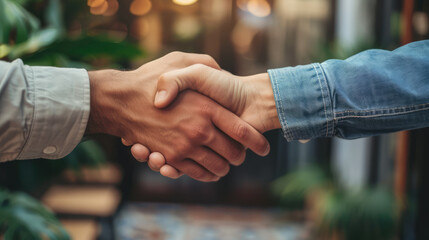Two people in denim shirts shaking hands - obrazy, fototapety, plakaty