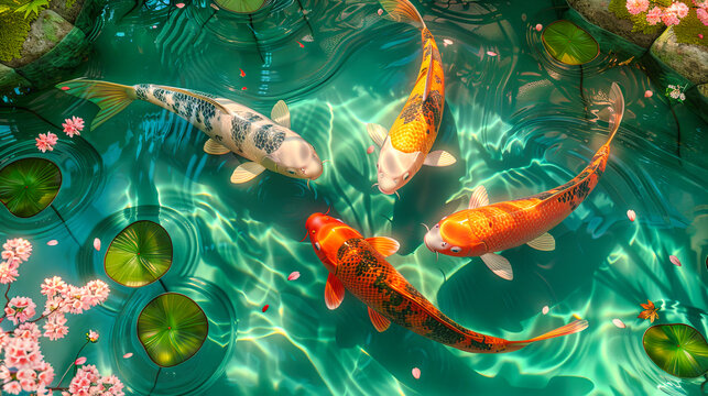 Colorful koi fish in a clear pond, reflecting the beauty and tranquility of Asian aquatic garden design