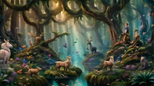 An enchanting digital artwork of mystical creatures and fairytale characters in a vivid, ethereal forest setting.