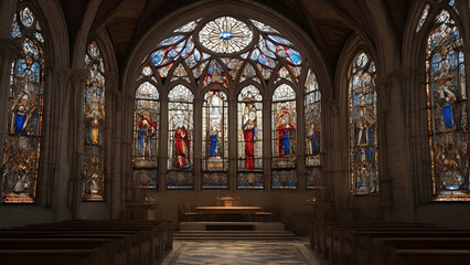 Fototapeta premium Majestic Gothic basilica, symbol of spirituality, illuminated by stained glass generated by AI