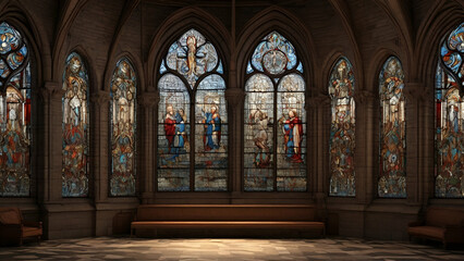 Obraz premium Majestic Gothic basilica, symbol of spirituality, illuminated by stained glass generated by AI