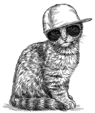 Vintage engraving isolated cat glasses dressed fashion set illustration kitty ink sketch. Pet background kitten silhouette whisker sunglasses hipster hat art. Black and white hand drawn image