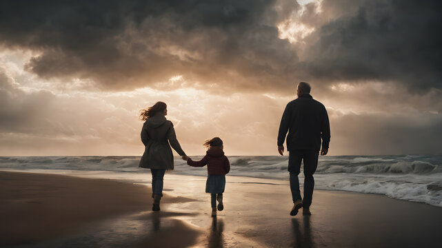 A father and daughter, members of family walking against a backdrop of turbulent stormy weather.  AI generated image, ai