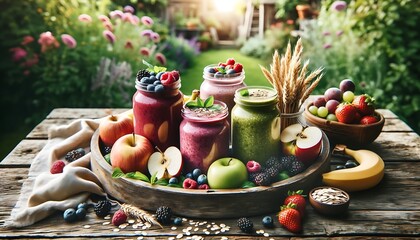This image features a vibrant display of healthy eating options, with a variety of smoothies in mason jars surrounded by fresh fruits on a wooden table. The setting is outdoors with a garden 