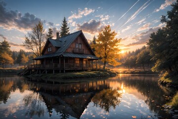 Fototapeta premium Sunset house on lake
