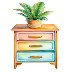 A wooden nightstand with storage and drawers, watercolor painting, and potted plant on top, sleek, farmhouse rustic style, wooden furniture, interior decor, clipart, vector illustration, cutout 