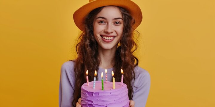A woman in yellow background holding a cake with a candle on it.