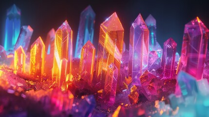 Fototapeta na wymiar Captivating luminous crystal growths, standing in a mystical geometric landscape, emit dazzling colorful light.