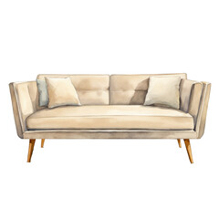 A sofa with neutral upholstery and sleek wooden legs, watercolor painting, clipart, wooden soft furniture, interior decor, for ad promotion, presentation, crafts arts, journal, cutout on white  