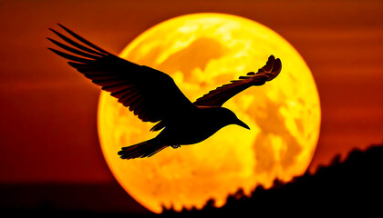 Silhouette of a flying bird on the background of the full moon