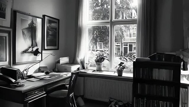 A black and white image of a desk in a home office.