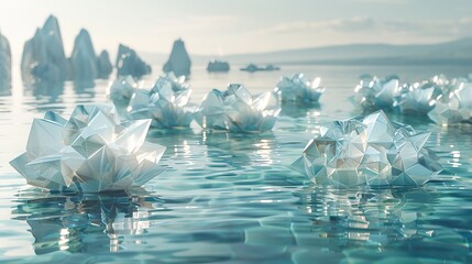 geometric crystal structures floating on the calm waters of a tranquil lake, with a soft mountainous backdrop under a clear sky. - obrazy, fototapety, plakaty