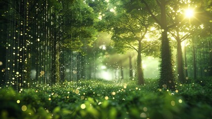 beauty of a forest bathed in the golden light of dawn, with magical glows that seem like fairies dancing among the trees, creating a serene and mystical atmosphere.