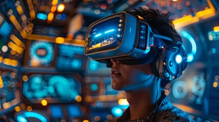 a person fully immersed in a virtual reality experience, surrounded by high-tech holographic interfaces and illuminated controls, representing the cutting-edge of interactive technology - obrazy, fototapety, plakaty
