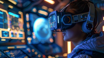 a person fully immersed in a virtual reality experience, surrounded by high-tech holographic interfaces and illuminated controls, representing the cutting-edge of interactive technology