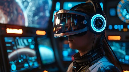 a person fully immersed in a virtual reality experience, surrounded by high-tech holographic interfaces and illuminated controls, representing the cutting-edge of interactive technology - obrazy, fototapety, plakaty