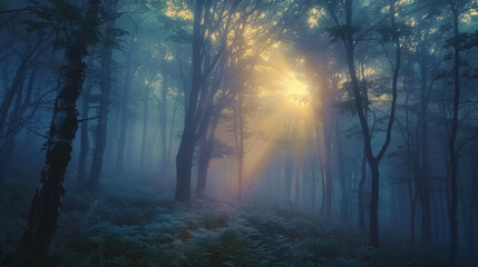 A mystical forest shrouded in fog with sun rays piercing through the canopy above and illuminating the undergrowth. - obrazy, fototapety, plakaty