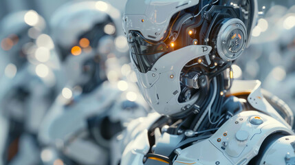 Fototapeta premium Futuristic robotic character with a highly detailed mechanical design, featuring glowing elements, set against a blurred background of similar figures.