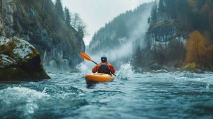 An adventurer in an orange kayak braves the choppy, spray-filled rapids of a mountain river, with misty mountains looming in the background - obrazy, fototapety, plakaty