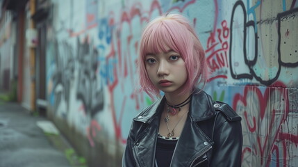 Obraz premium 落書きのコンクリートの壁の前にたつ若いファッションモデル