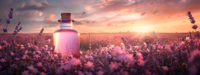 Glass bottle of lavender essential oil with fresh flowers. Flowering field on the background, sunset. Aromatherapy spa massage vertical concept. Lavendula oleum
