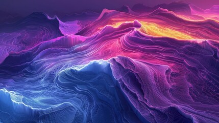 A stunning 3D visualization of digital terrain, showcasing a vibrant spectrum of geographic data in electrifying purple and blue hues, capturing the intersection of technology and geography.