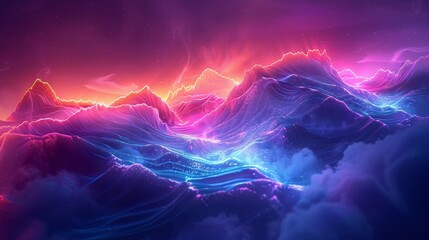 A stunning 3D visualization of digital terrain, showcasing a vibrant spectrum of geographic data in electrifying purple and blue hues, capturing the intersection of technology and geography. - obrazy, fototapety, plakaty