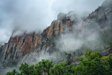 Fototapeta premium A mountain shrouded in fog and clouds, standing amidst a forest of trees