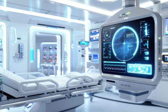 A futuristic hospital room with a computer screen displaying intricate medical data