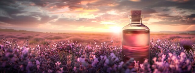 Glass bottle of lavender essential oil with fresh flowers. Flowering field on the background, sunset. Aromatherapy spa massage vertical concept. Lavendula oleum
