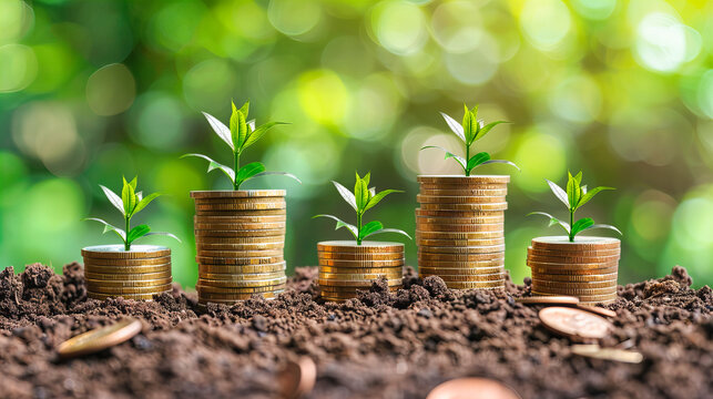 Concept of financial growth, with a sapling growing from coins, symbolizing investment, savings, and the potential for wealth