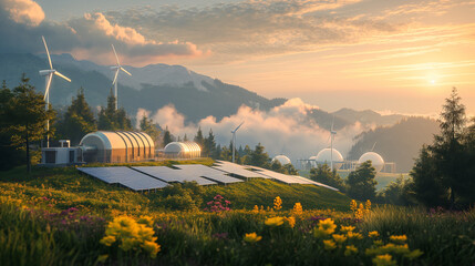 Solar panels and wind turbines harness renewable energy on a lush green hillside at sunrise, reflecting an eco-friendly future. - obrazy, fototapety, plakaty