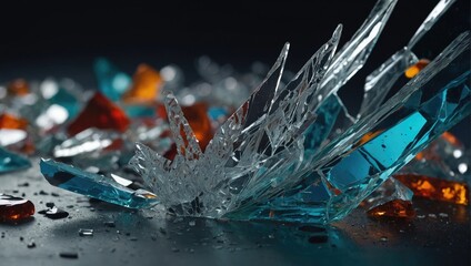 Broken glass on a black background. Shallow depth of field