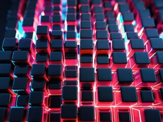 abstract black metallic faceted background, pink glowing neon light, square tiles, modern geometric texture, cyber network concept 