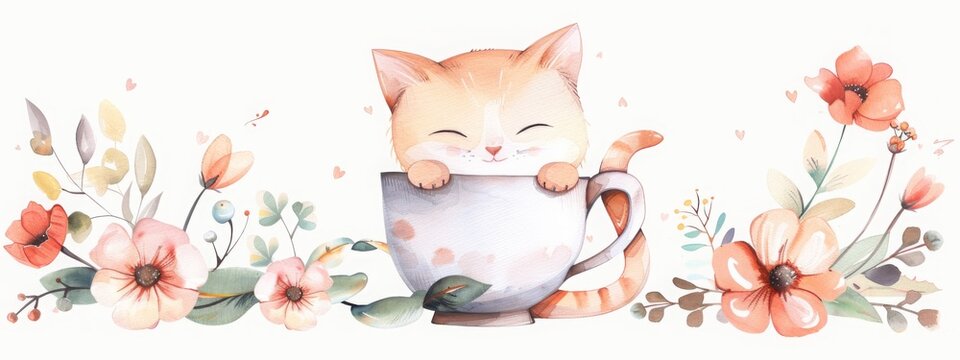 Cute cartoon kitten sitting in a tea cup with flowers.  Funny cat character design. Spring concept. Valentine's Day greeting card. Watercolor illustration isolated on white background