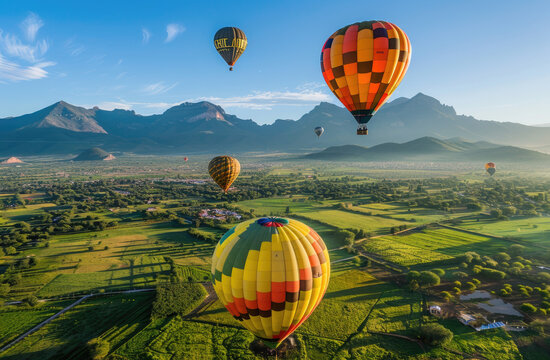 A photo of hot air balloons floating over green fields, with colorful panels on the balloon bodies, against the backdrop of mountains and clear blue skies
