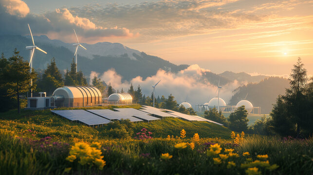 Solar panels and wind turbines harness renewable energy on a lush green hillside at sunrise, reflecting an eco-friendly future.
