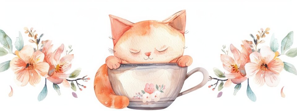 Cute cartoon kitten sitting in a tea cup with flowers.  Funny cat character design. Spring concept. Valentine's Day greeting card. Watercolor illustration isolated on white background