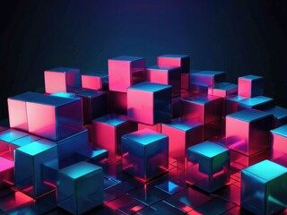 abstract black metallic faceted background, pink glowing neon light, square tiles, modern geometric texture, cyber network concept 