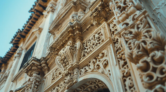 Close-up view of an ornately carved stone facade on a historical building, showcasing the intricate architectural details and craftsmanship.