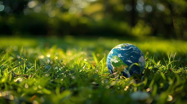 Green earth day nature protection concept image, earth globe on green soil, Earth Day background. protect nature greenery background, Nature Protection Concept