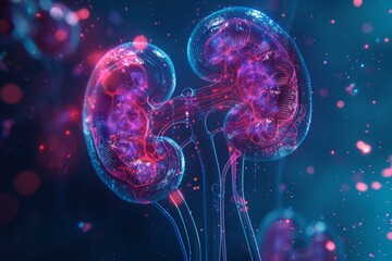 The complex structure of the renal system, enhanced by vibrant pink and blue neon lights that trace the kidneys' outline and the ureters. - obrazy, fototapety, plakaty