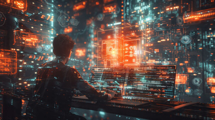 A person is sitting in front of multiple computer screens with immersive graphical interfaces, surrounded by a high-tech, futuristic server room environment bathed in a warm, neon glow. - obrazy, fototapety, plakaty