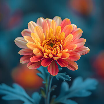 Close up of blooming chrysanthemum flower with orange, yellow and red petals on blurred background