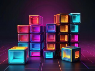 3d rendering of abstract geometric background with neon glowing cubes in dark space, 3D illustration of an abstract background with bokeh lights and mushrooms